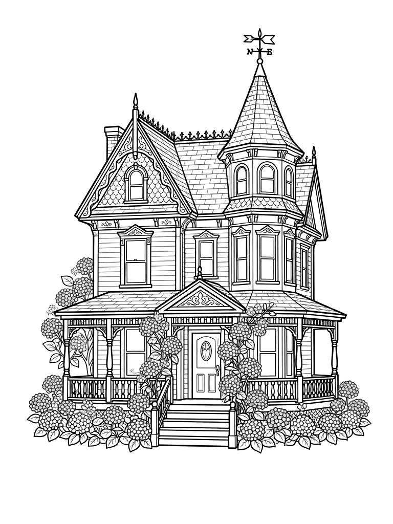 Queen Anne Style Victorian House With A Wrap-around Porch And Blooming Blue Hydrangeas Coloring Page — free printable for kids and adults