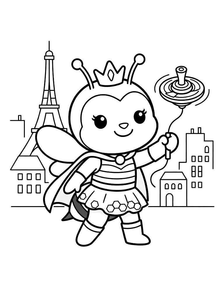 Queen Bee Character In Her Superhero Outfit Posing With Her Spinning Top Weapon In Paris Coloring Page