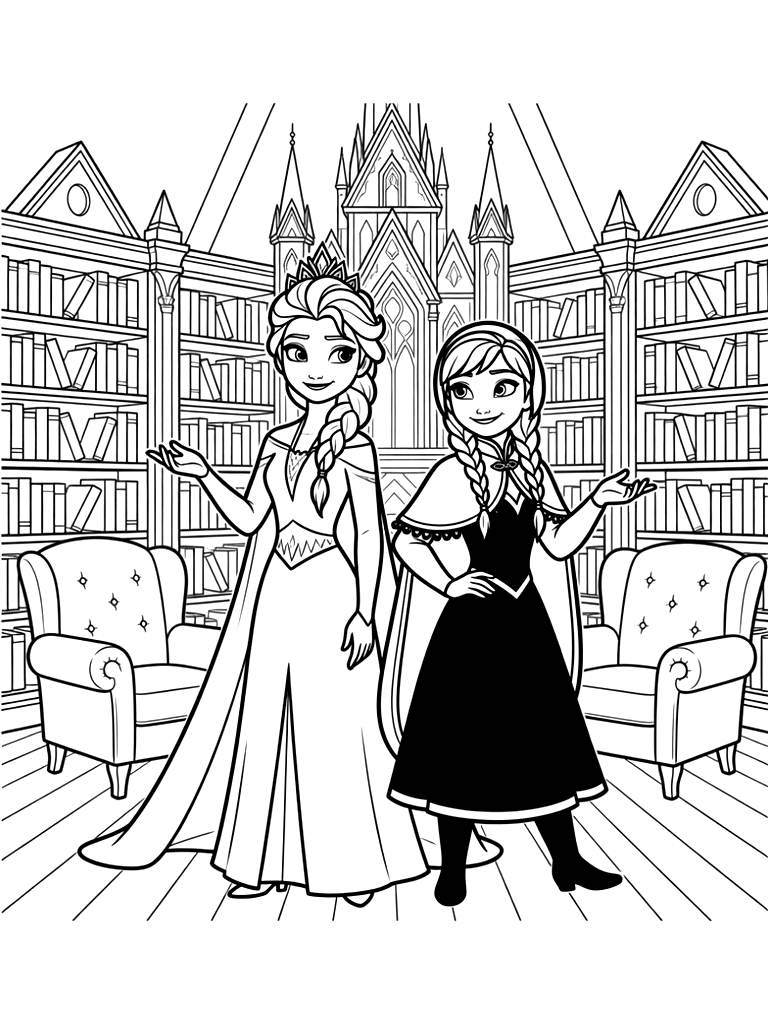 Queen Elsa And Princess Anna Standing Together In The Grand Library Of Arendelle Castle With Towering Bookshelves And Cozy Velvet Armchairs Coloring Page