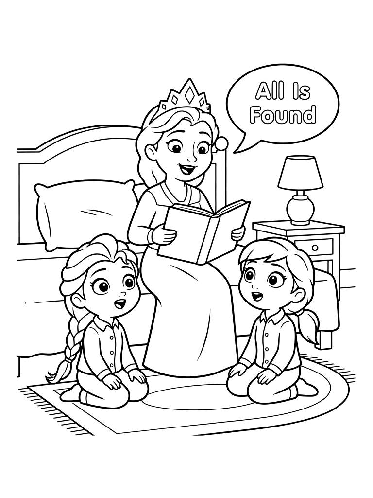 Queen Iduna Singing All Is Found To Young Elsa And Anna In Their Bedroom Coloring Page