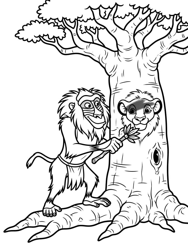 Rafiki The Mandrill Standing Inside His Ancient Baobab Tree Painting The Iconic Smear-Art Symbol Of Baby Simba On The Bark Coloring Page