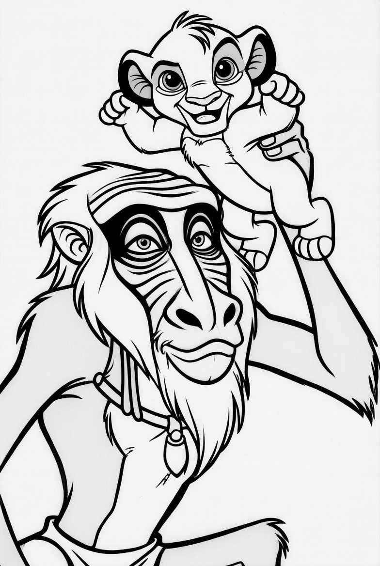 Rafiki Holding Baby Simba Coloring Page line art