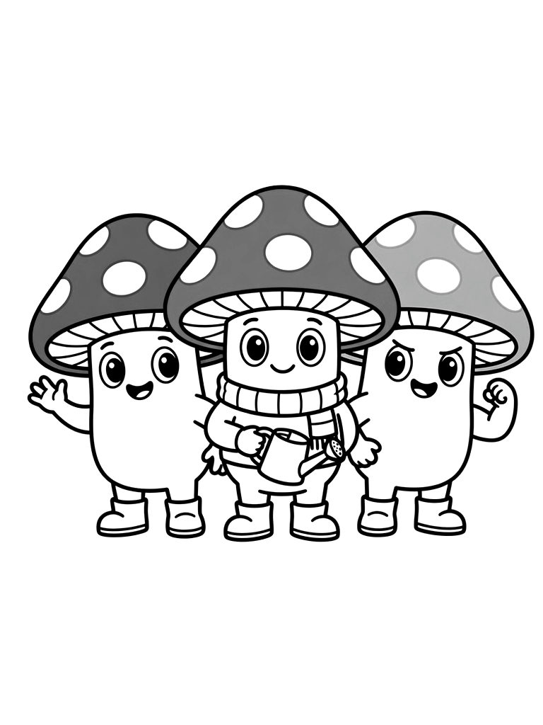Rainbow Mushroom Squad Coloring Page