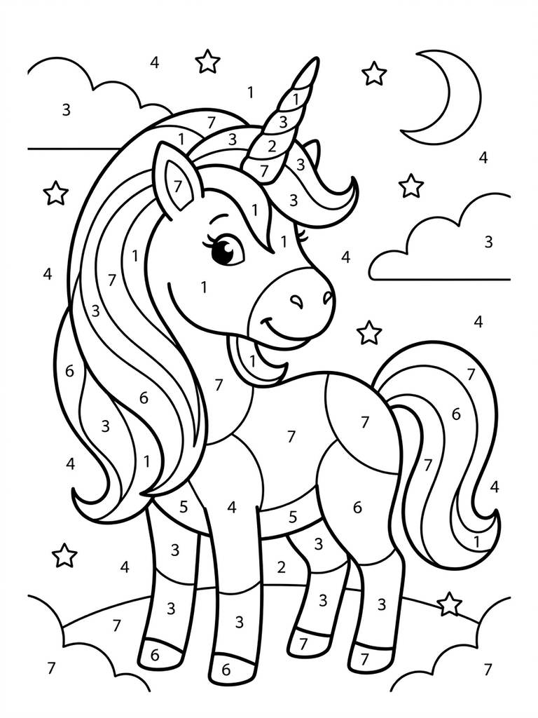 Rainbow Unicorn Portrait Color By Number Coloring Page