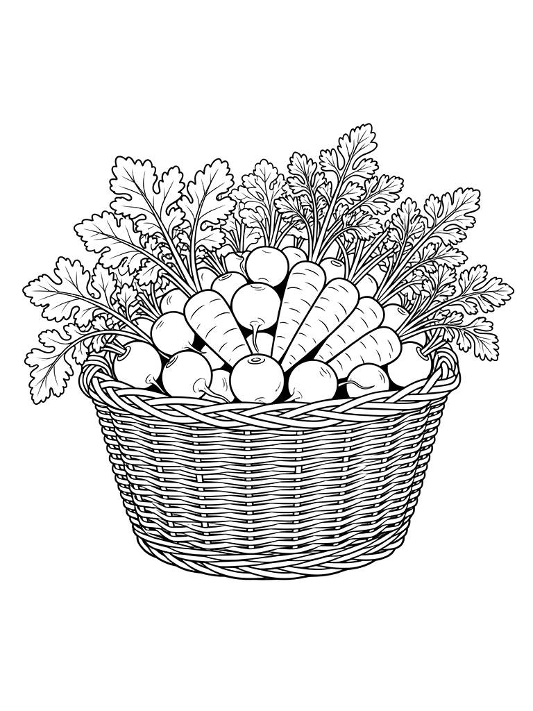 Realistic Basket Of Spring Radishes And Carrots With Leafy Tops Coloring Page — free printable for kids and adults