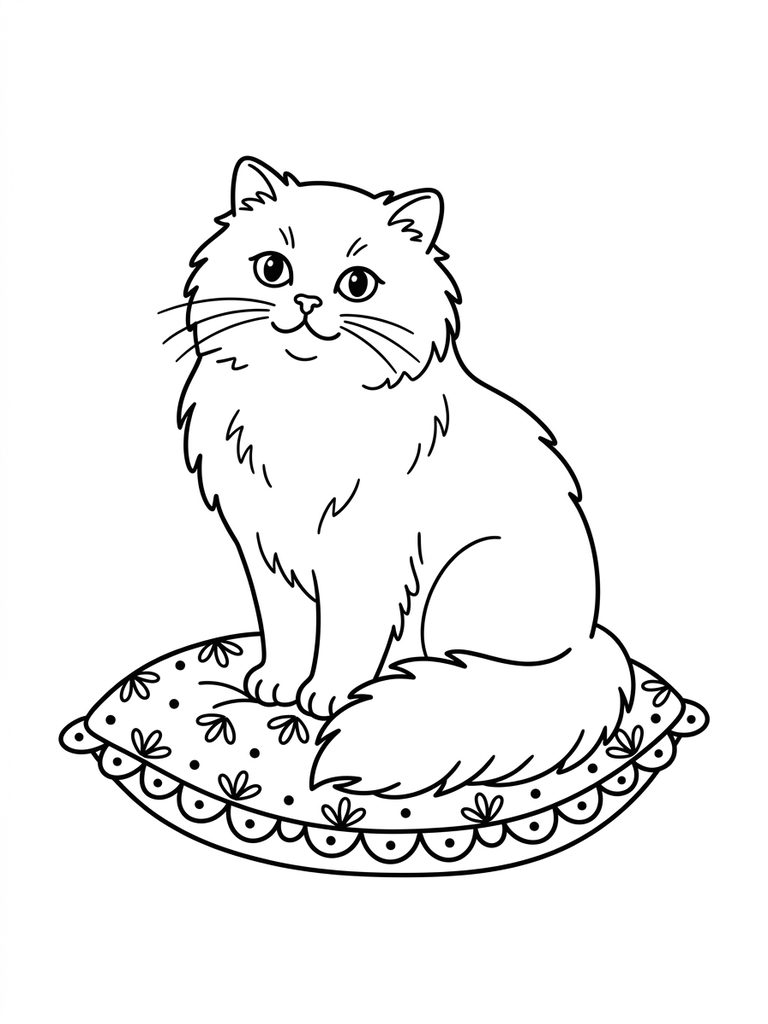 Realistic Persian Cat, Sitting Elegantly On A Cushion Coloring Page