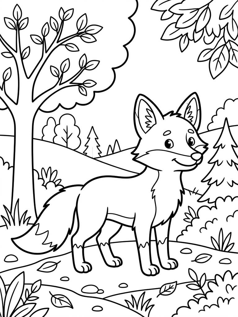 Red Fox In Woodland Habitat Coloring Page