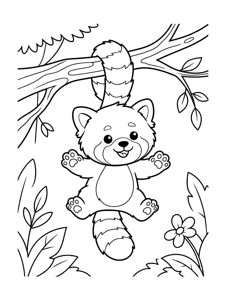 Red Panda Hanging From A Tree Branch By Its Tail In A Lush Forest Coloring Page