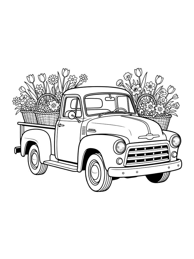 Red Vintage Pickup Truck Carrying Baskets Of Spring Flowers Coloring Page