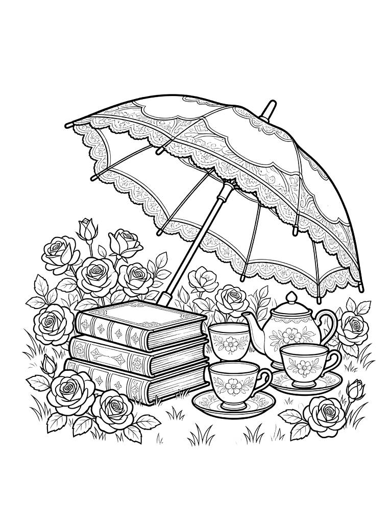 Regency-Style Outdoor Tea Party With A Ruffled Lace Parasol A Stack Of Vintage Books And Porcelain Cups On A Blooming Rose-Covered Lawn Coloring Page