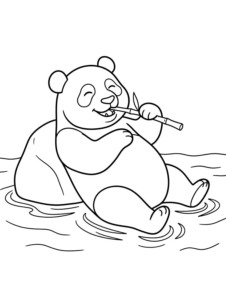 Relaxed Giant Panda Lounging Joyfully In A Shallow Cool River Leaning Against A Smooth Boulder While Chewing A Long Bamboo Shoot coloring page — free printable for kids and adults