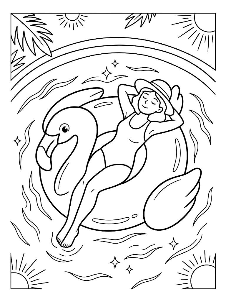 Relaxing Overhead View Of A Person Lounging On A Giant Pink Flamingo Pool Float In A Sunlit Sparkling Swimming Pool coloring page — free printable for kids and adults