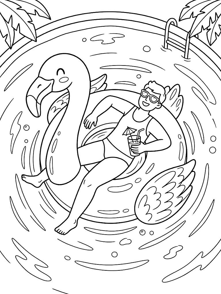 Relaxing Overhead View Of A Person Lounging On A Giant Pink Flamingo Pool Float In A Sunlit Sparkling Swimming Pool coloring page — free printable for kids and adults