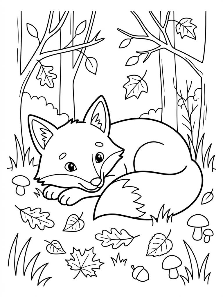 Resting Fox In Autumn Woods Coloring Page