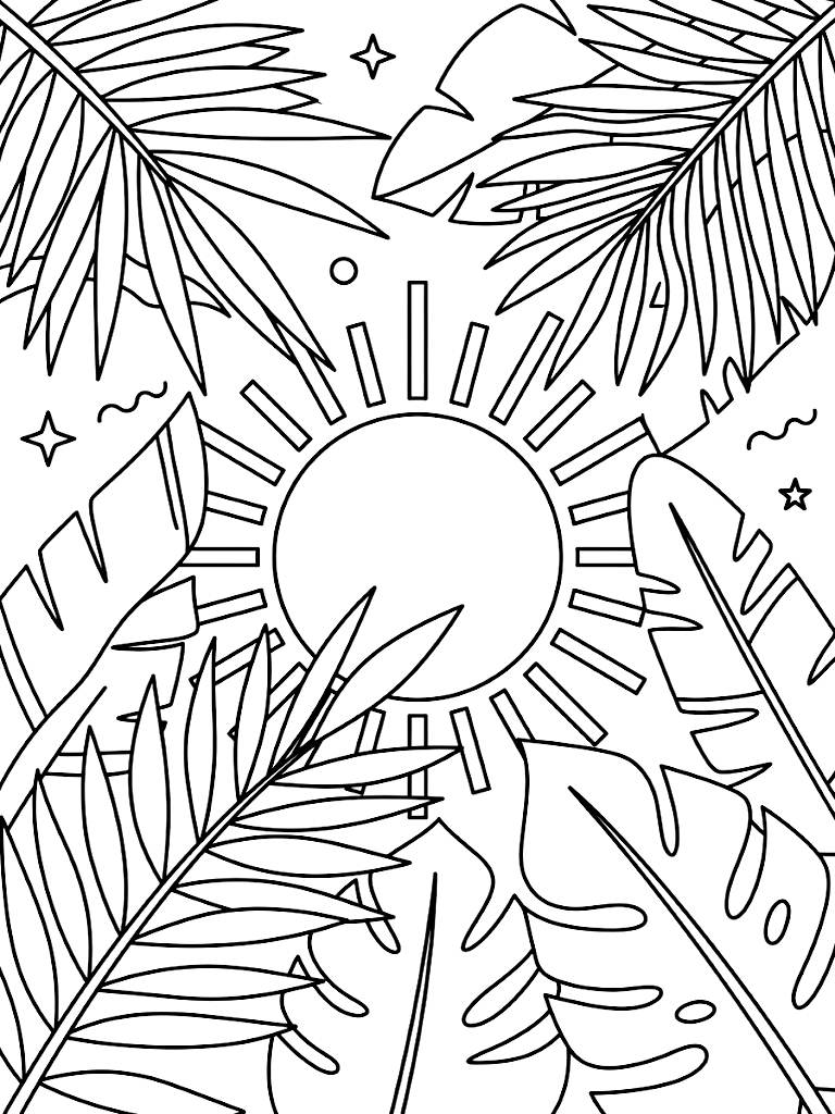 Retro 80s Style Composition With Overlapping Tropical Palm Fronds And A Large Geometric Glowing Sun In The Background coloring page — free printable for kids and adults
