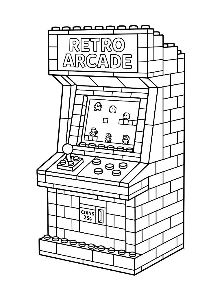 Retro Arcade Cabinet Built Entirely From Interlocking Toy Bricks Featuring A Tiny Plastic Joystick And A Pixelated Screen Detail coloring page — free printable for kids and adults