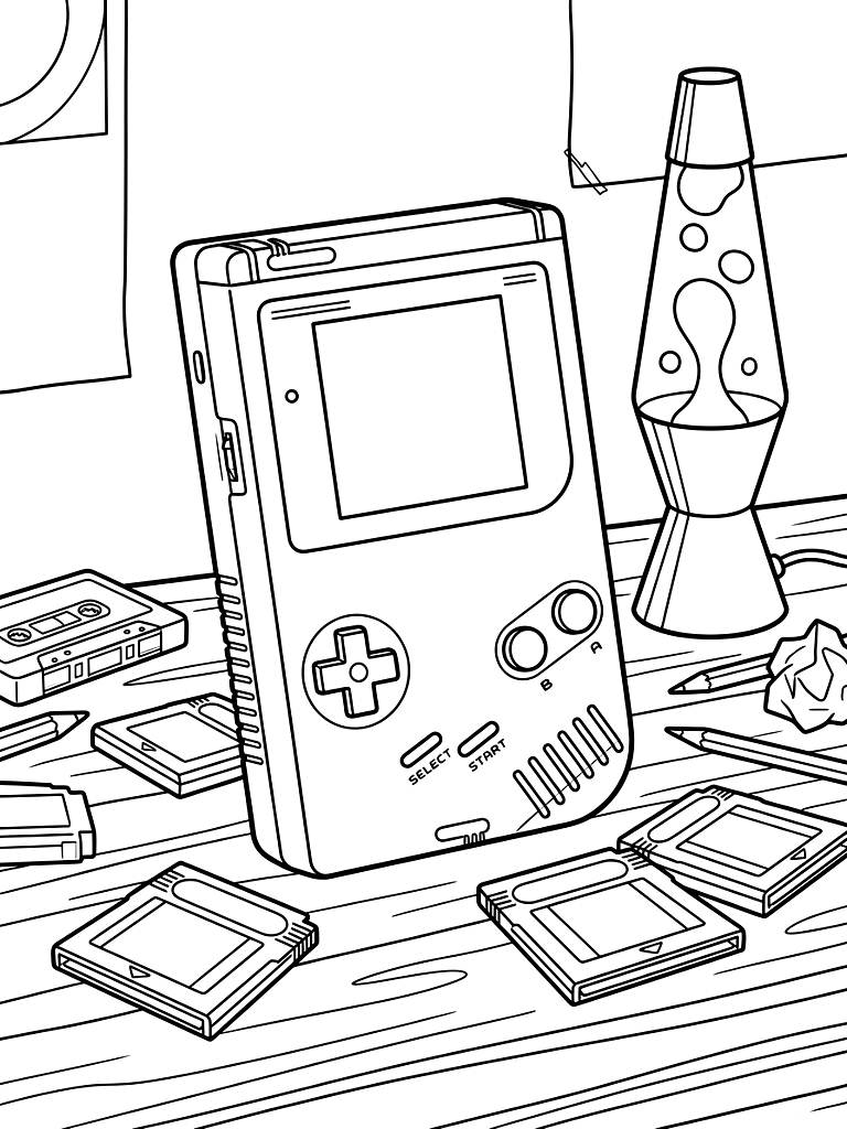 Retro Game Boy Handheld Console Resting On A 90s Bedroom Desk Surrounded By Scattered Game Cartridges And A Vintage Lava Lamp Coloring Page