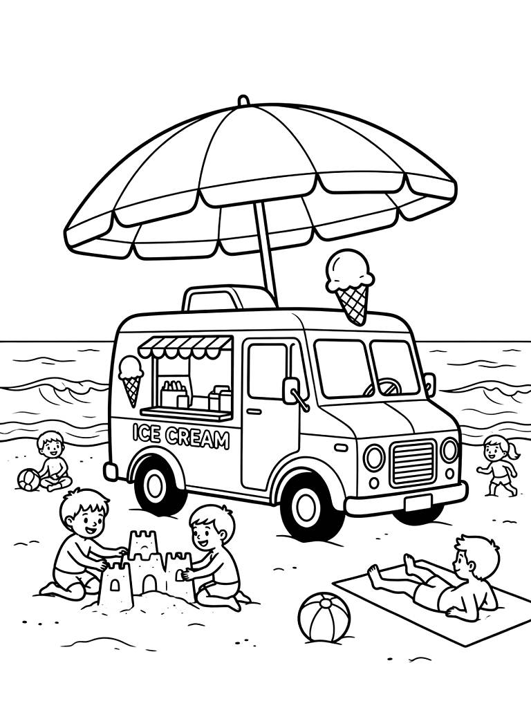Retro Ice Cream Truck Parked At A Crowded Beach Under A Large Striped Umbrella Coloring Page — free printable for kids and adults