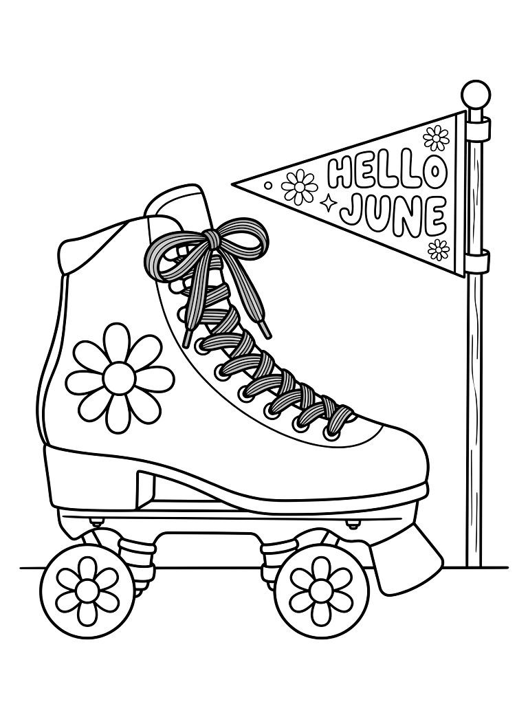 Retro Roller Skate With Rainbow Laces And Daisy Wheels Parked Next To A Cheerful Hello June Pennant Flag coloring page — free printable for kids and adults