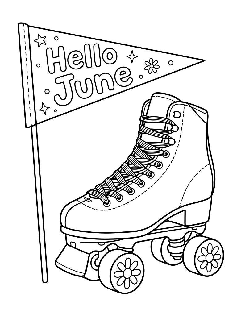 Retro Roller Skate With Rainbow Laces And Daisy Wheels Parked Next To A Cheerful Hello June Pennant Flag Coloring Page