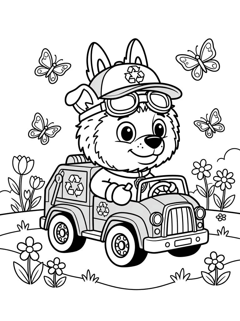 Rocky The Paw Patrol Eco-pup Driving His Green Recycling Truck Through A Sunny Park Filled With Blooming Spring Flowers And Flying Butterflies coloring page — free printable for kids and adults