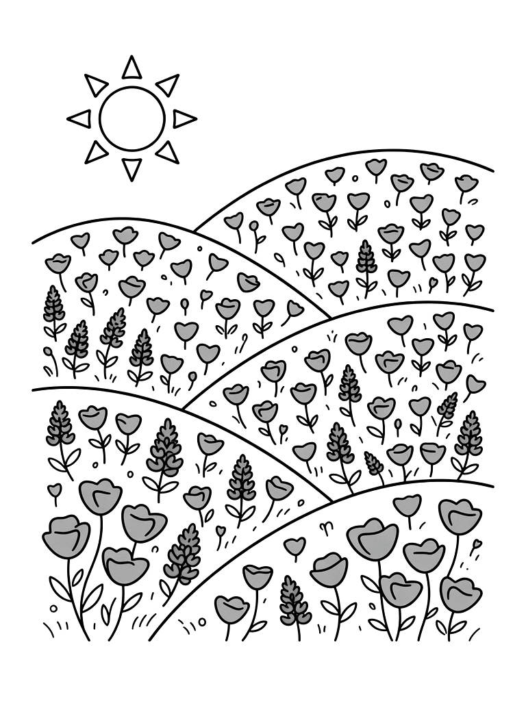 Rolling Hills Covered In A Superbloom Of Orange Poppies And Purple Lupine Under A Bright Spring Sun Coloring Page