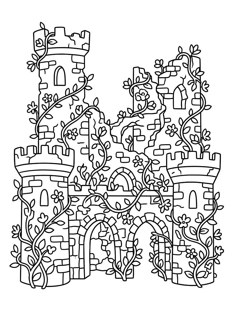 Romantic Castle Ruins Overgrown With Spring Vines Coloring Page