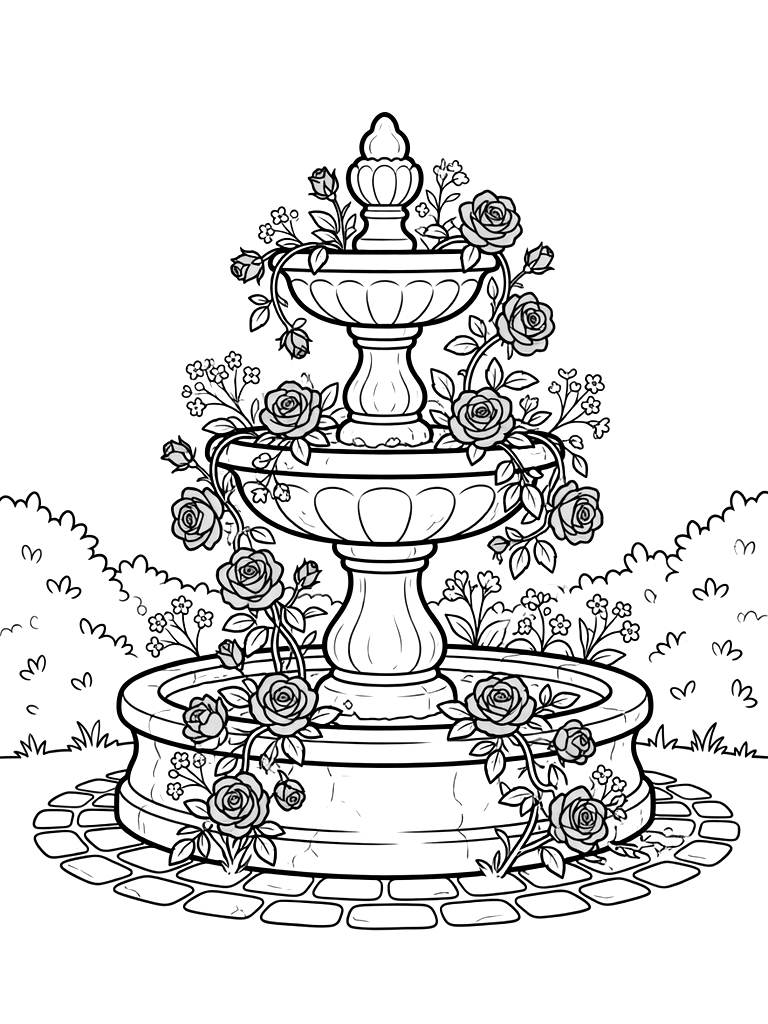 Romantic Stone Fountain Surrounded By Blooming Climbing Pink Roses And Delicate Baby's Breath In A Dreamy Cottage Garden Setting Coloring Page