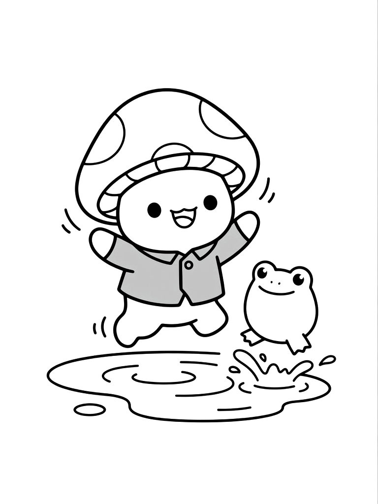 Round Kawaii Mushroom Character Wearing A Tiny Yellow Raincoat Jumping Into A Puddle With A Frog Friend Coloring Page — free printable for kids and adults