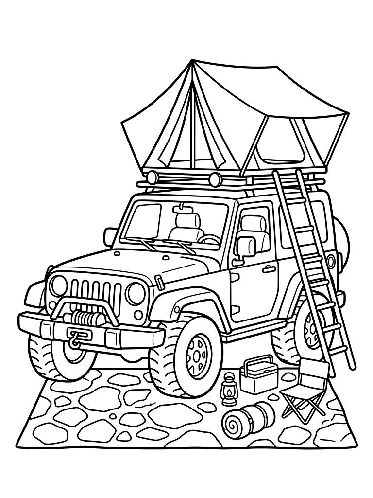 Rugged Toy Off-Road Jeep Featuring A Deployed Rooftop Tent And Miniature Camping Gear Parked On A Rocky Living Room Rug coloring page — free printable for kids and adults