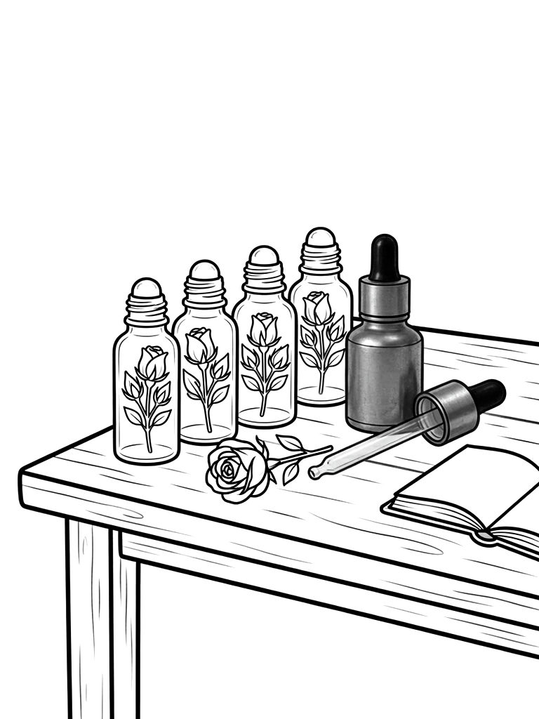 Rustic Apothecary Workspace Featuring Glass Rollerball Bottles Filled With Dried Rosebuds And A Vintage Brass Oil Dropper Coloring Page
