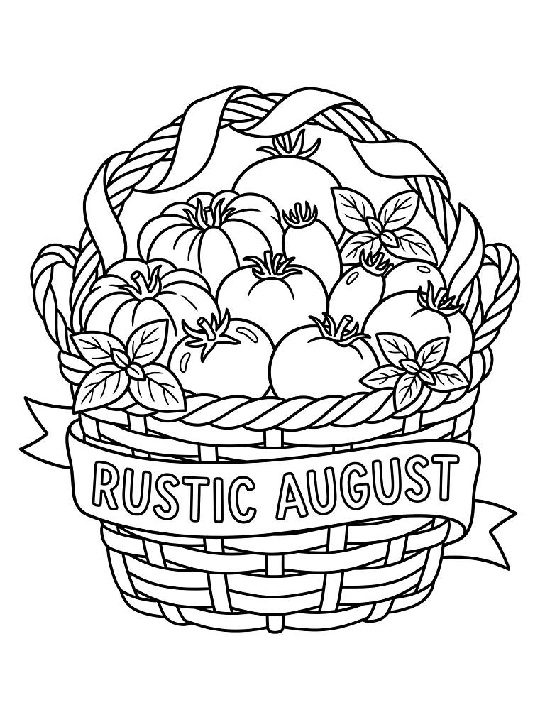 Rustic August Banner Woven Through A Gardening Basket Overflowing With Ripe Heirloom Tomatoes And Fresh Basil Leaves Coloring Page