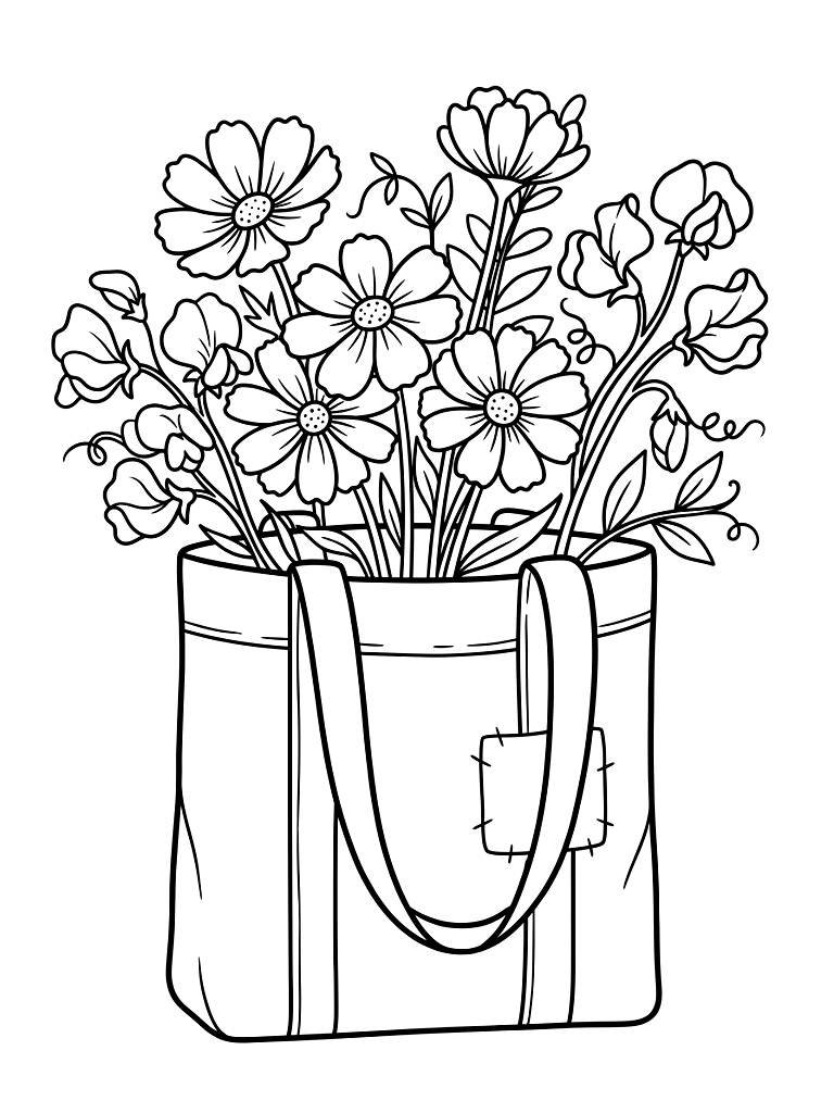 Rustic Canvas Tote Bag Overflowing With A Freshly Picked Spring Wildflower Bouquet Of Cosmos And Sweet Peas coloring page — free printable for kids and adults