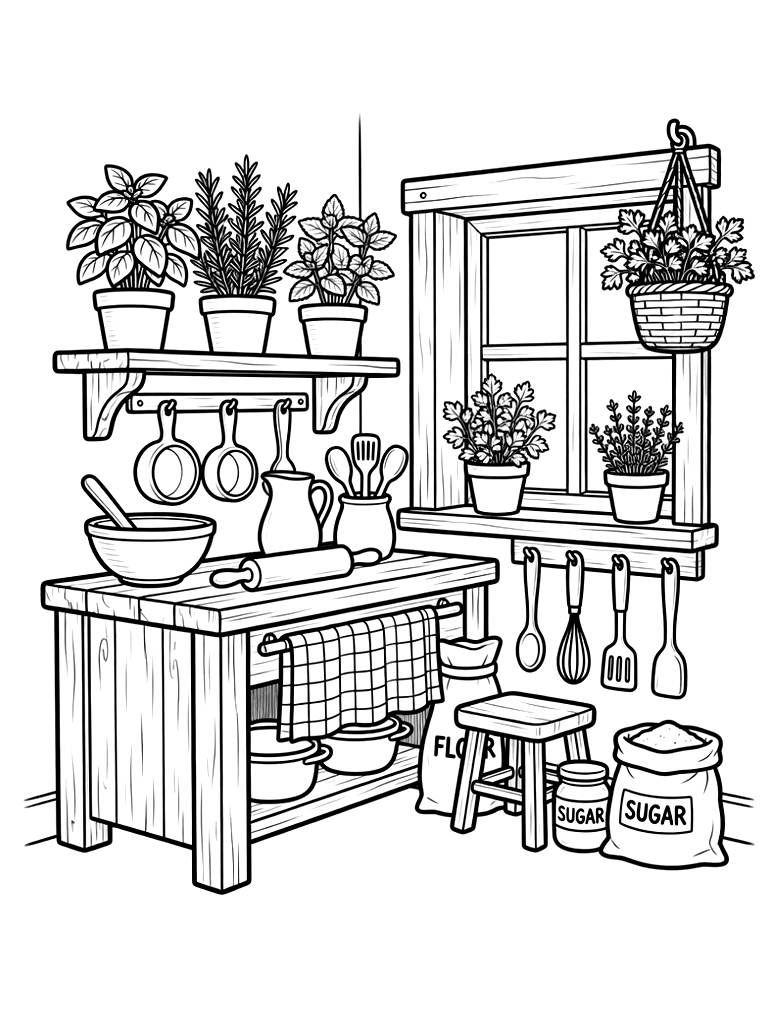 Rustic Kitchen With Herbs Coloring Page