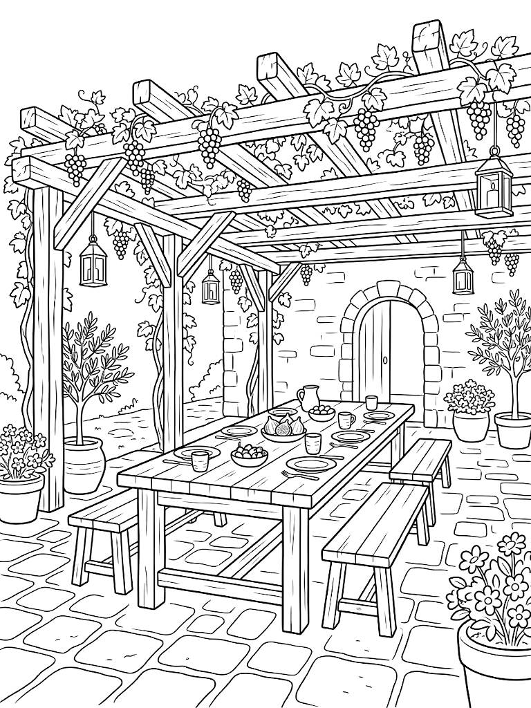 Rustic Mediterranean Courtyard With A Long Wooden Dining Table Set With Fresh Figs Olives And A Pergola Draped In Grapevines coloring page — free printable for kids and adults