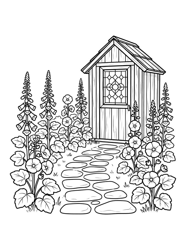 Rustic Stone Garden Path Lined With Foxgloves And Hollyhocks Leading To A Wooden Potting Shed With A Stained Glass Window Coloring Page