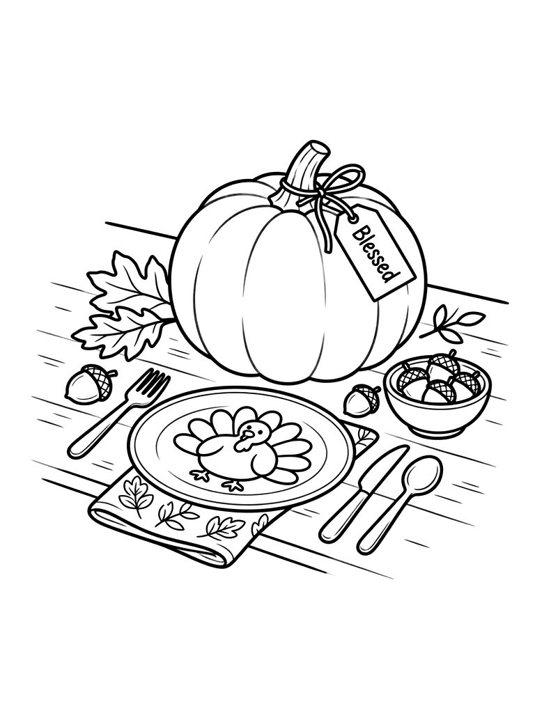 Rustic Thanksgiving Table Setting With A White Pumpkin And A Blessed Gift Tag Coloring Page