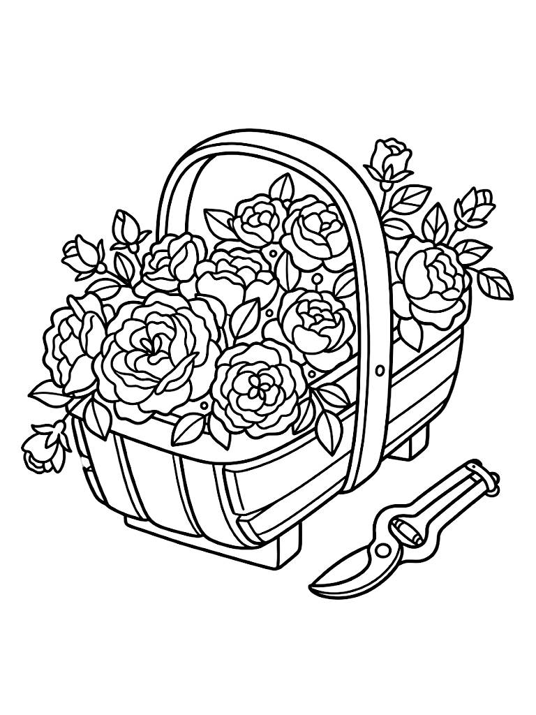 Rustic Wooden Garden Trug Overflowing With Freshly Clipped David Austin Roses Next To Vintage Metal Pruning Shears Coloring Page