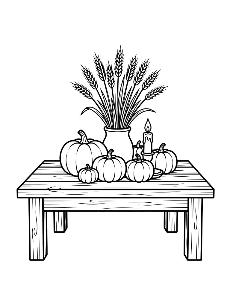 Rustic Wooden Table With A Centerpiece Of Dried Wheat Coloring Page
