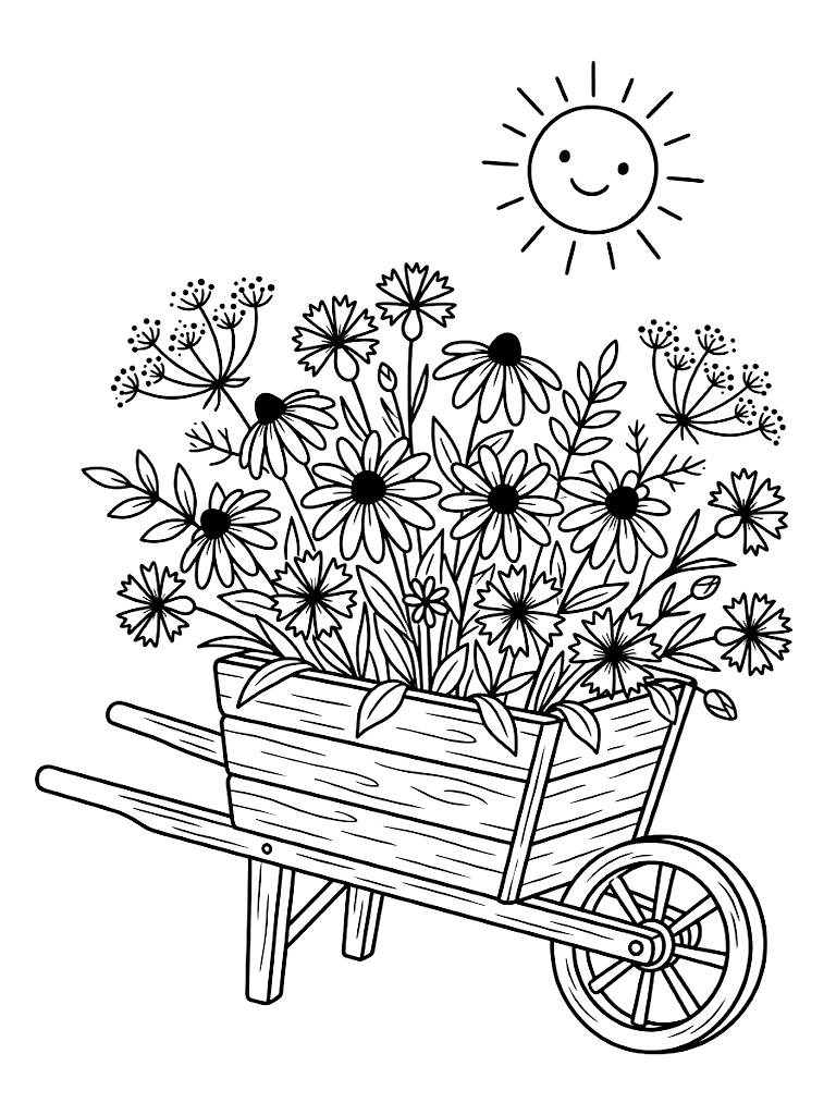 Rustic Wooden Wheelbarrow Overflowing With Wild Blooming Black-Eyed Susans Cornflowers And Queen Anne's Lace Under A Bright Late Spring Sun Coloring Page