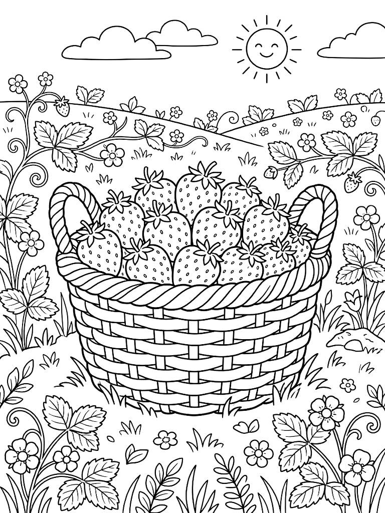 Rustic Woven Basket Overflowing With Freshly Picked Ripe Strawberries Sitting In A Sun-Drenched Field Of Green Vines And White Blossoms coloring page — free printable for kids and adults
