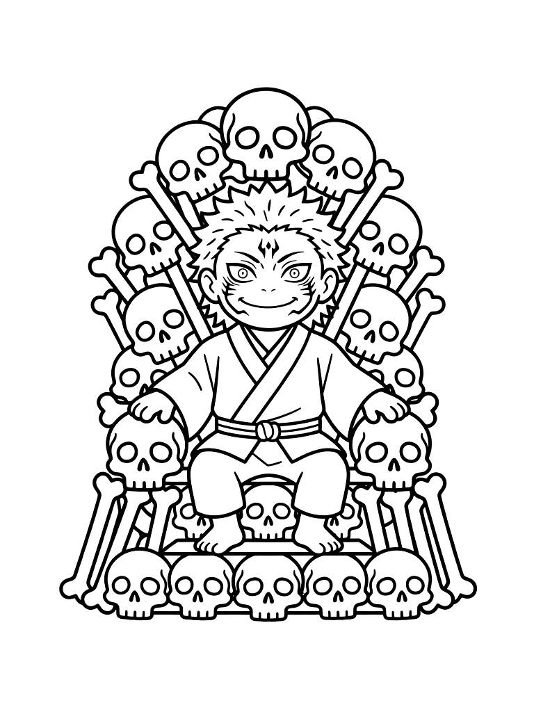 Ryomen Sukuna Sitting On His Throne Of Skulls In His Domain Expansion With A Sinister Smirk Coloring Page