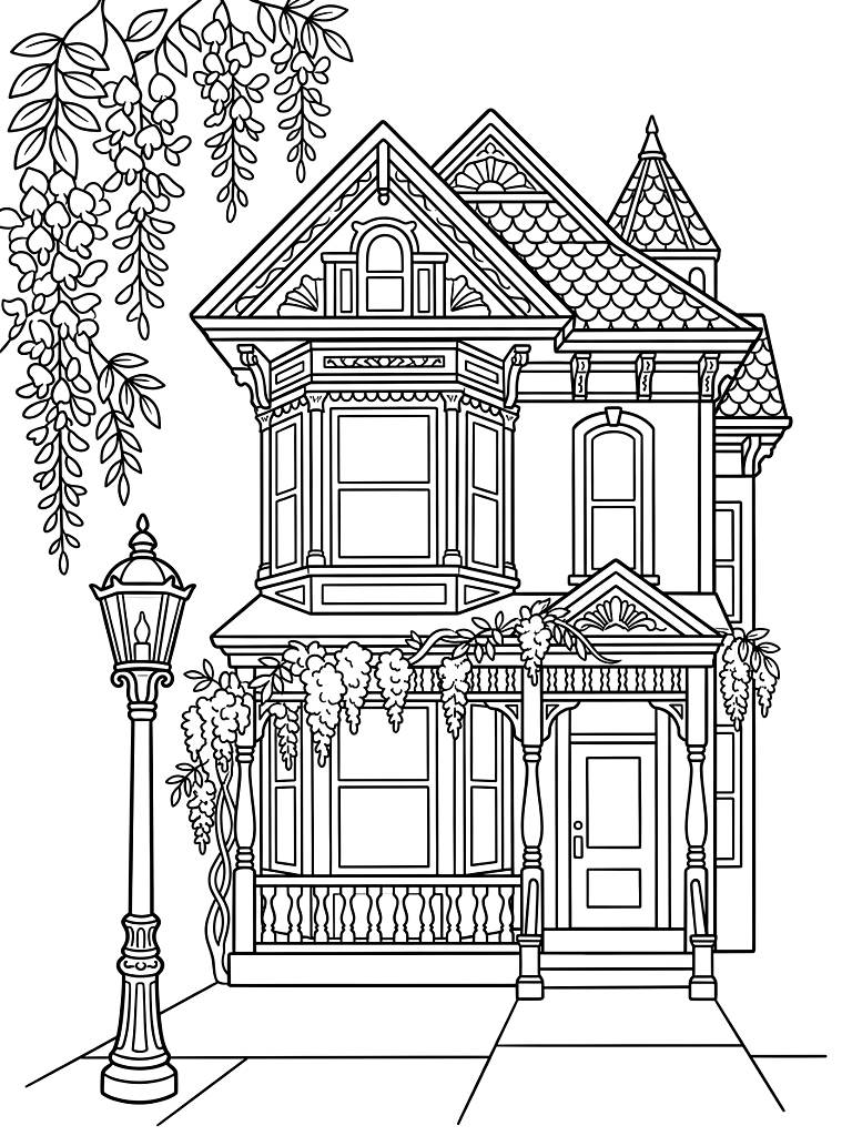 San Francisco Style Painted Lady Victorian House Framed By Cascading Purple Wisteria And A Vintage Streetlamp Coloring Page