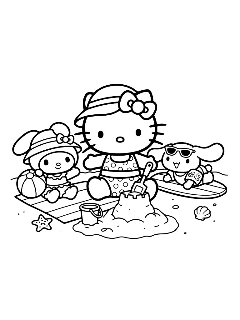 Sanrio Characters Beach Vacation Day Coloring Page