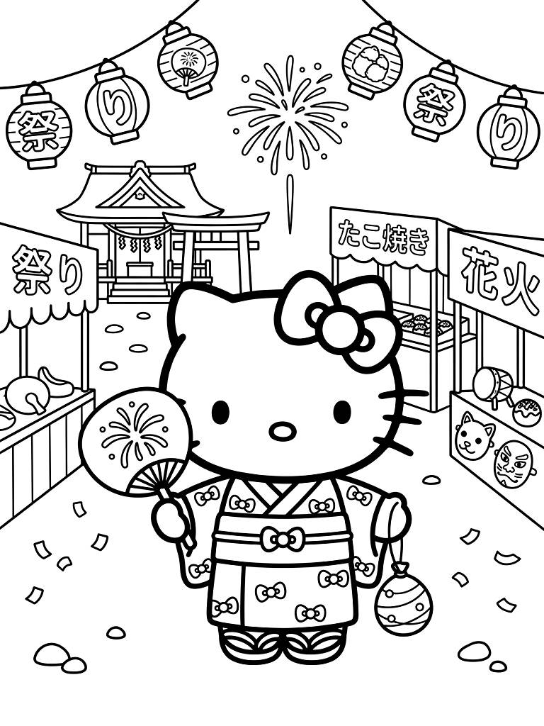 Sanrio Hello Kitty Summer Festival (Matsuri) coloring page — free printable for kids and adults