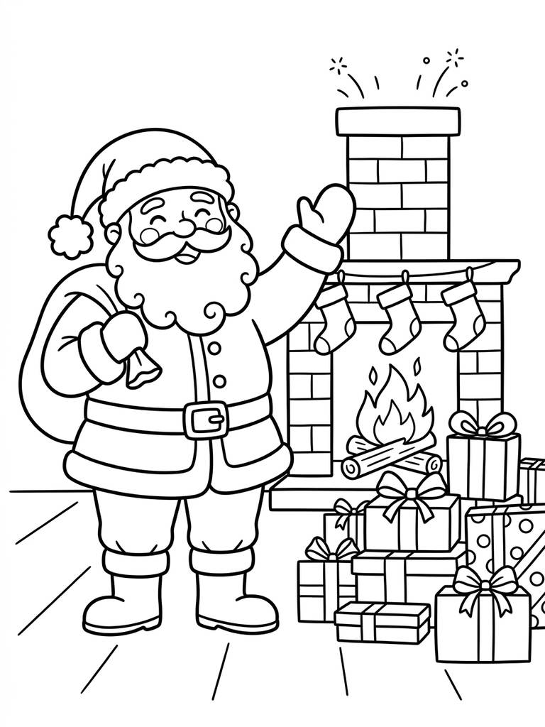 Santa Claus By Fireplace Or With Presents Coloring Page