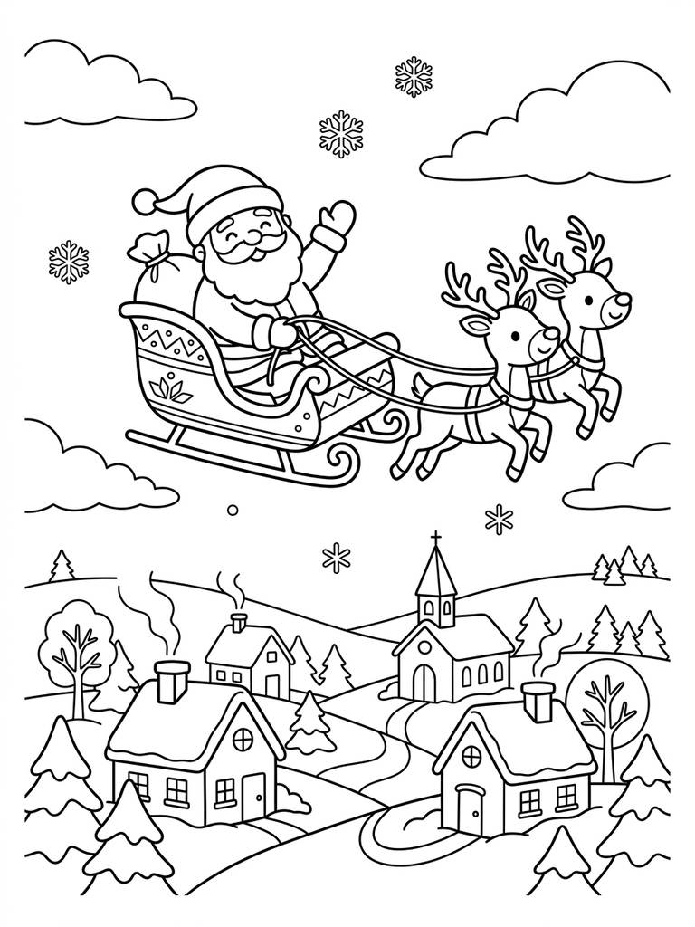 Santa Claus Flying His Sleigh Over A Snowy Village Coloring Page