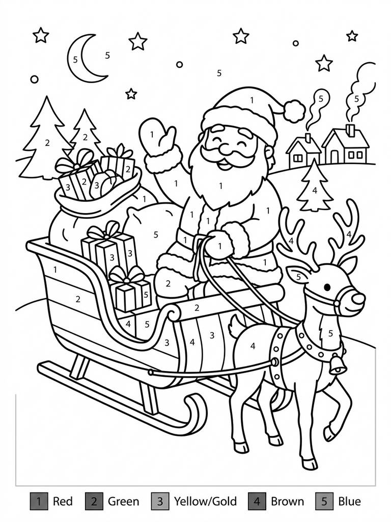 Santa Claus In Sleigh By Number Coloring Page