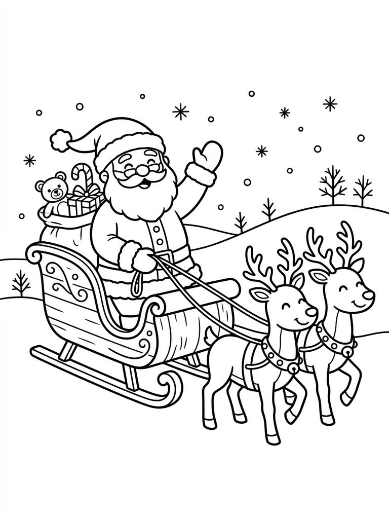 Santa Claus In Sleigh With Reindeer Coloring Page