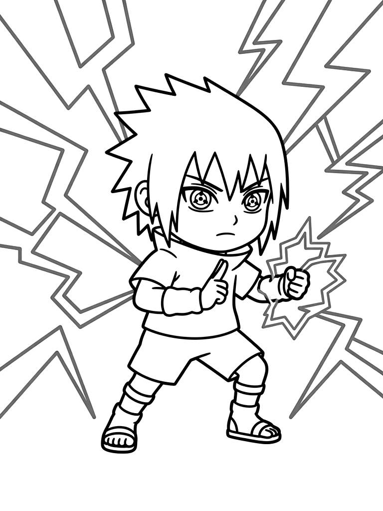 Sasuke Uchiha Using His Sharingan Eyes With A Background Of Purple Lightning Coloring Page